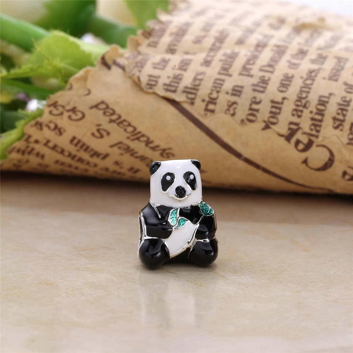 Pandora Panda bear silver charm with white, black and green enamel - 796256ENMX