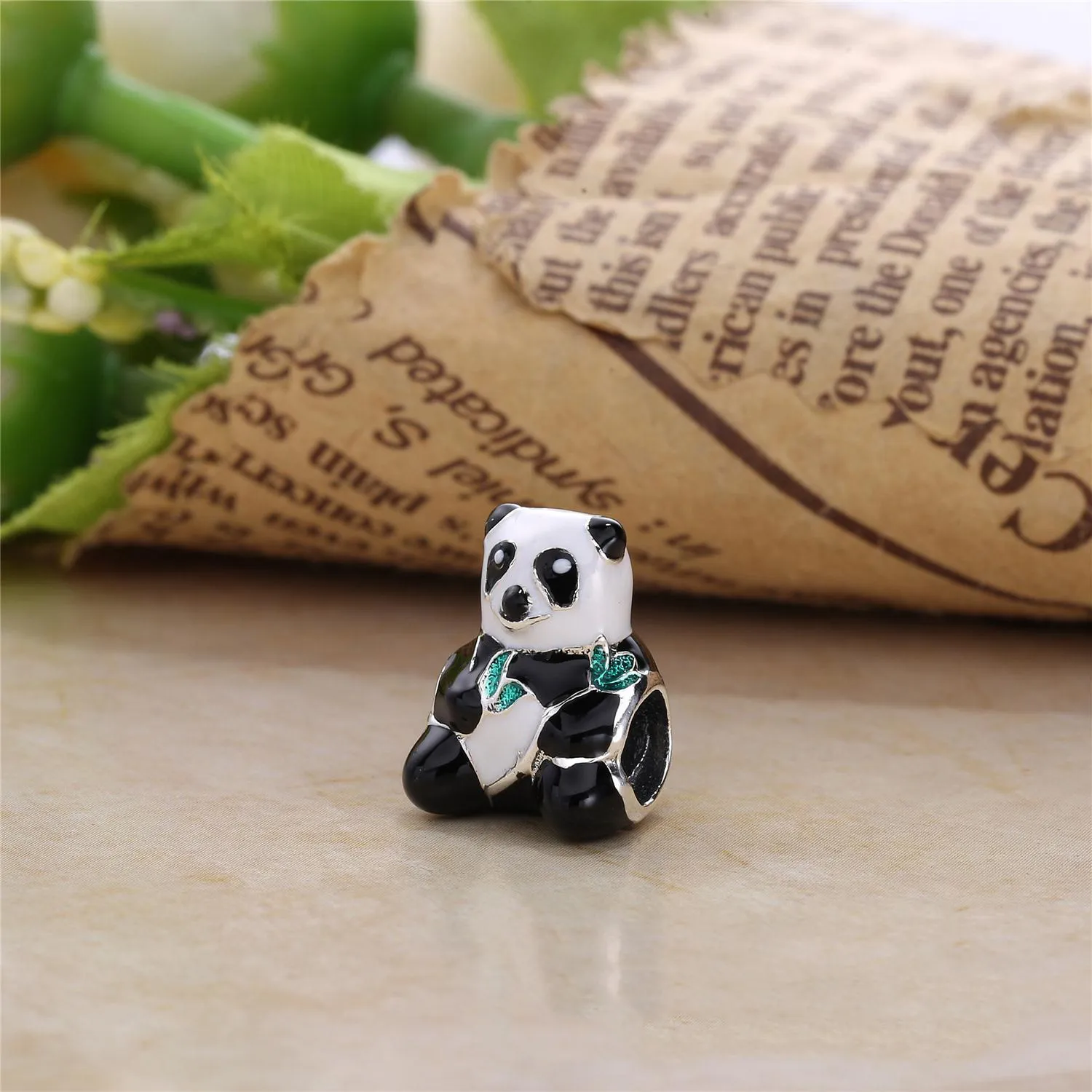 Pandora Panda bear silver charm with white, black and green enamel - 796256ENMX