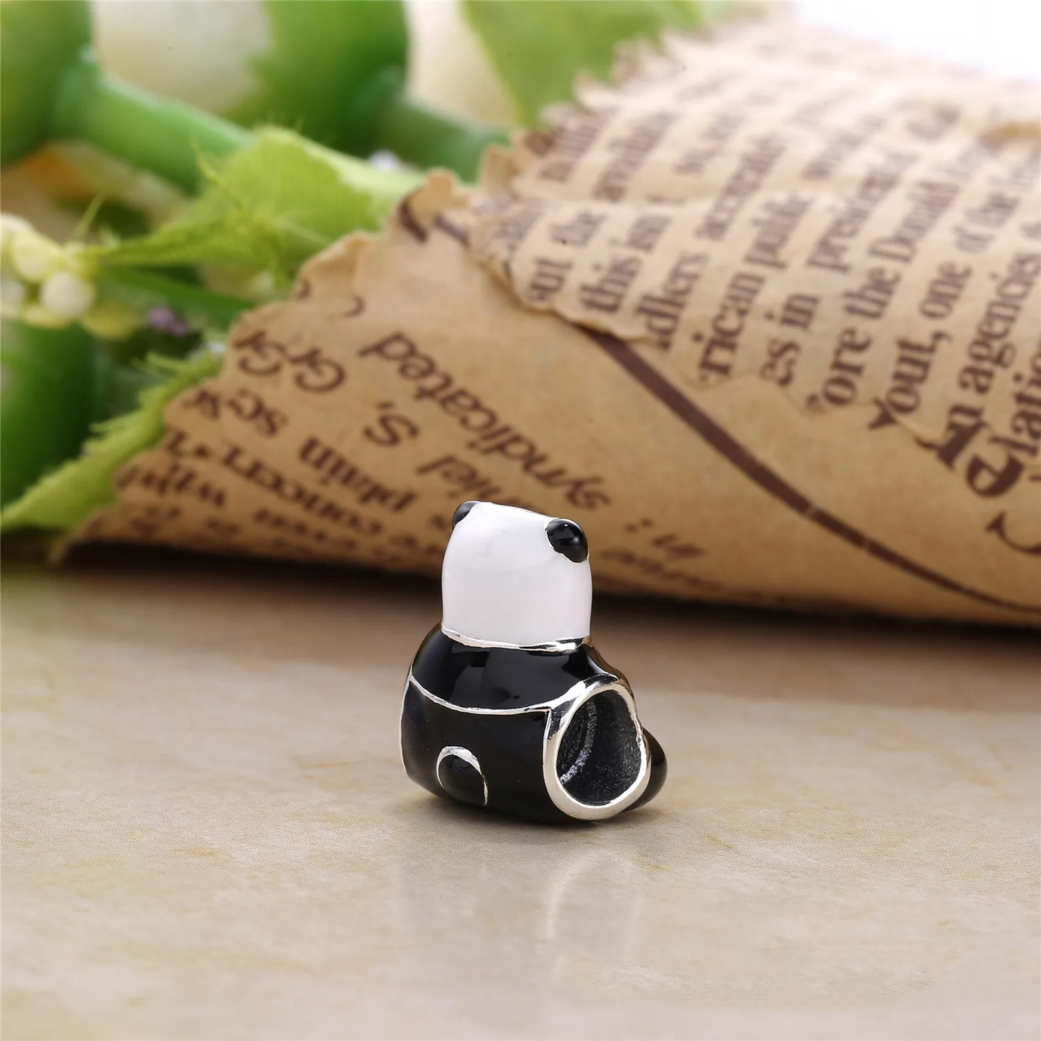 Pandora Panda bear silver charm with white, black and green enamel - 796256ENMX