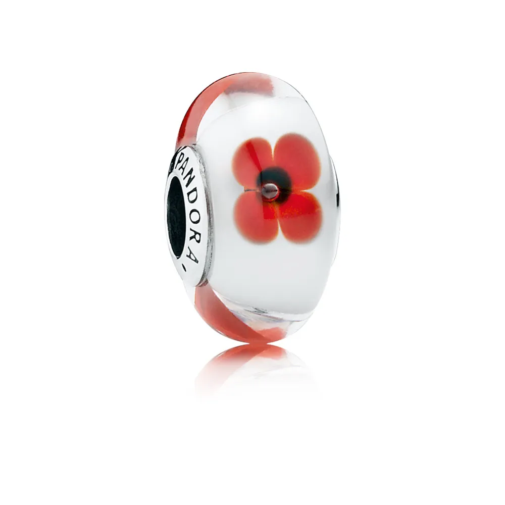 pandora red flower charm with red and white murano glass 791636