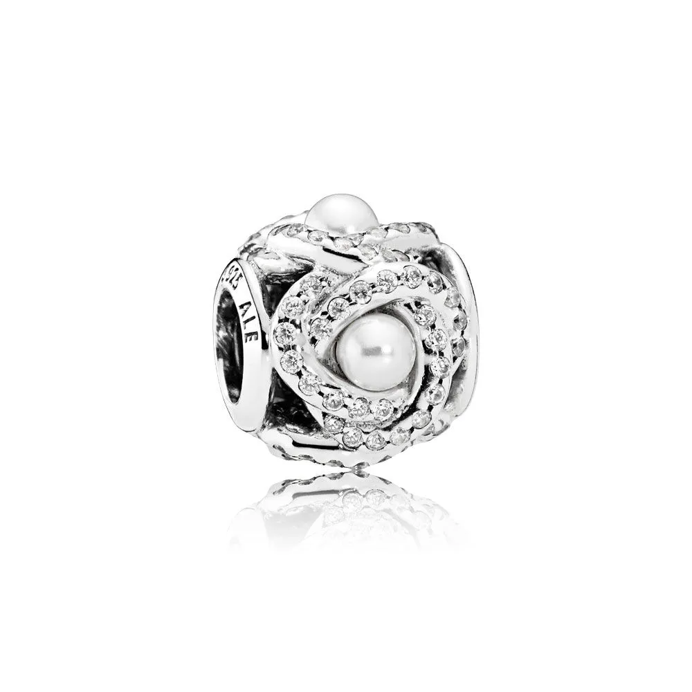 Pandora Ribbon silver charm with white crystal pearl and clear cubic zirconia - 792105WCP