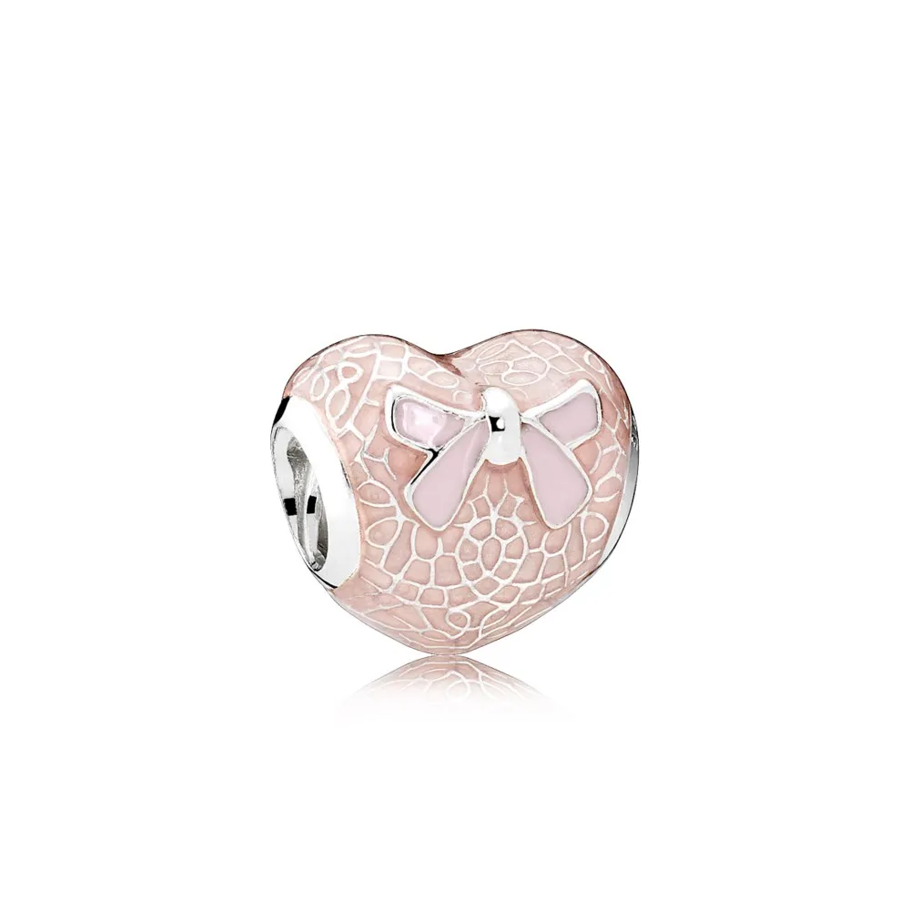 pandora rosa sløyfe blondehjertesjarme transparent misty rose myk rosa emalje 792044enmx