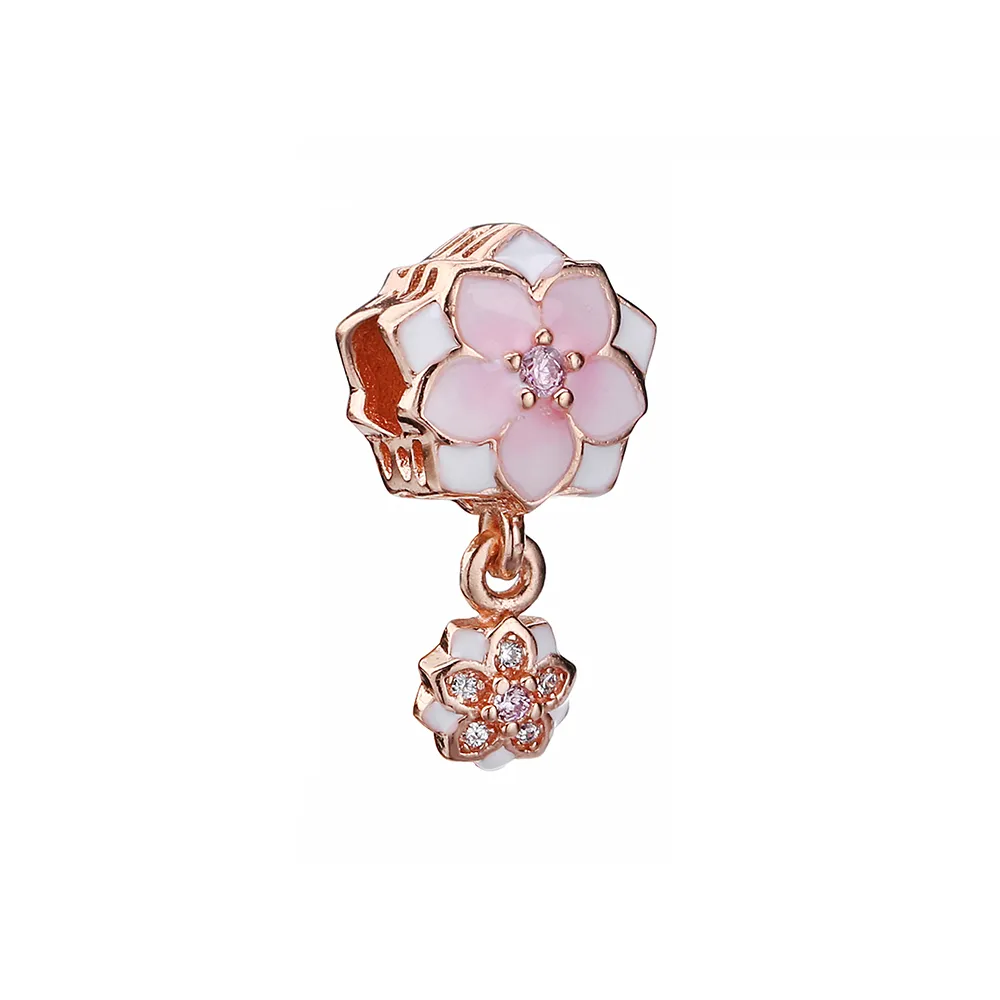 PANDORA Rose Gold Magnolia Bloom Pale Cerise Emalje Rosa Clear CZ Da Dangle - 792077PCZA