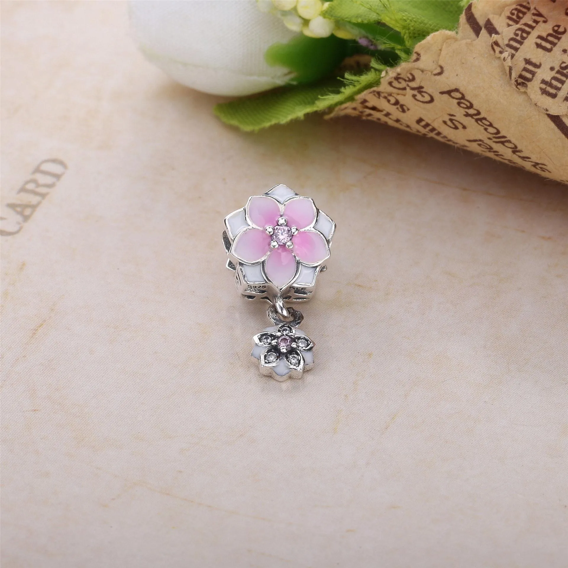 PANDORA Rose Gold Magnolia Bloom Pale Cerise Emalje Rosa Clear CZ Da Dangle - 792077PCZA