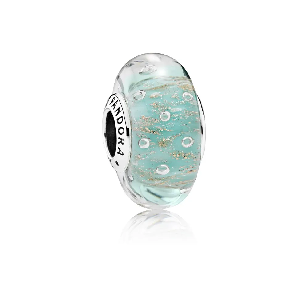 pandora silver charm with golden frit mint and transparent murano glass 791669