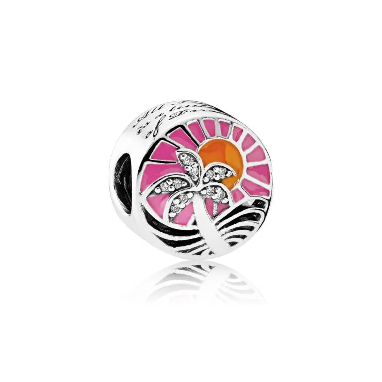 pandora sunset sølv sjarm med klar cubic zirconia oransje og rosa emalje 792116enmx