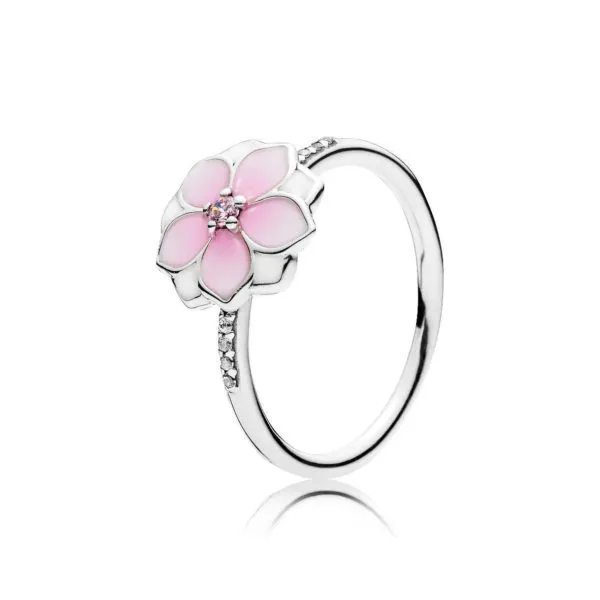 Pandora Magnolia silver ring with pink cubic zirconia, white and shaded pink enamel - 191026PCZ