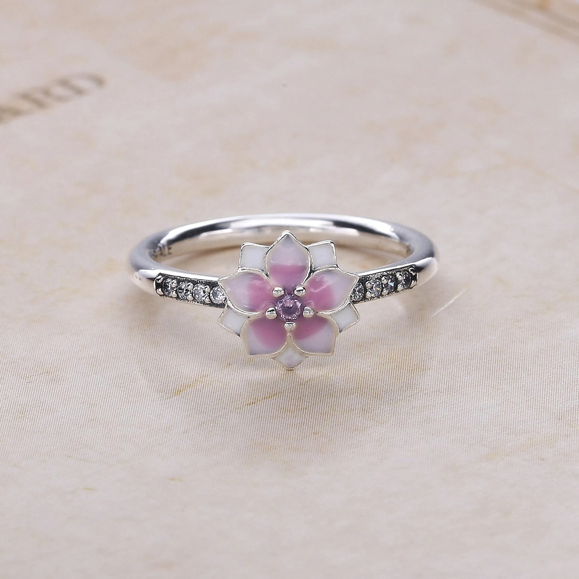 Pandora Magnolia silver ring with pink cubic zirconia, white and shaded pink enamel - 191026PCZ