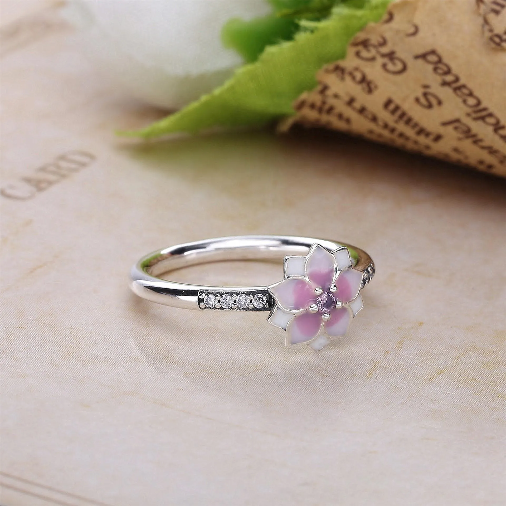 Pandora Magnolia silver ring with pink cubic zirconia, white and shaded pink enamel - 191026PCZ