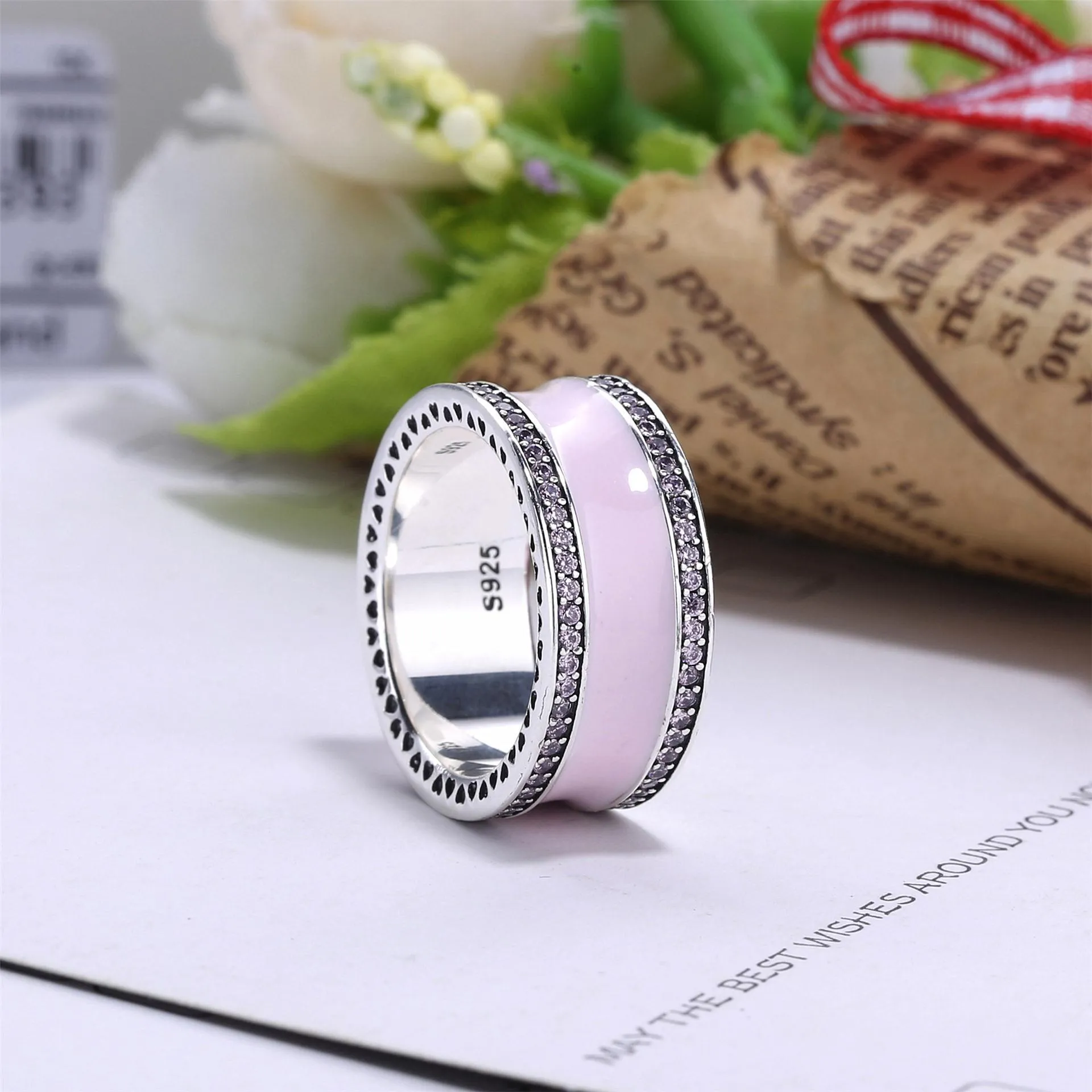 Pandora Silver ring with clear cubic zirconia and pink enamel - 191024EN40