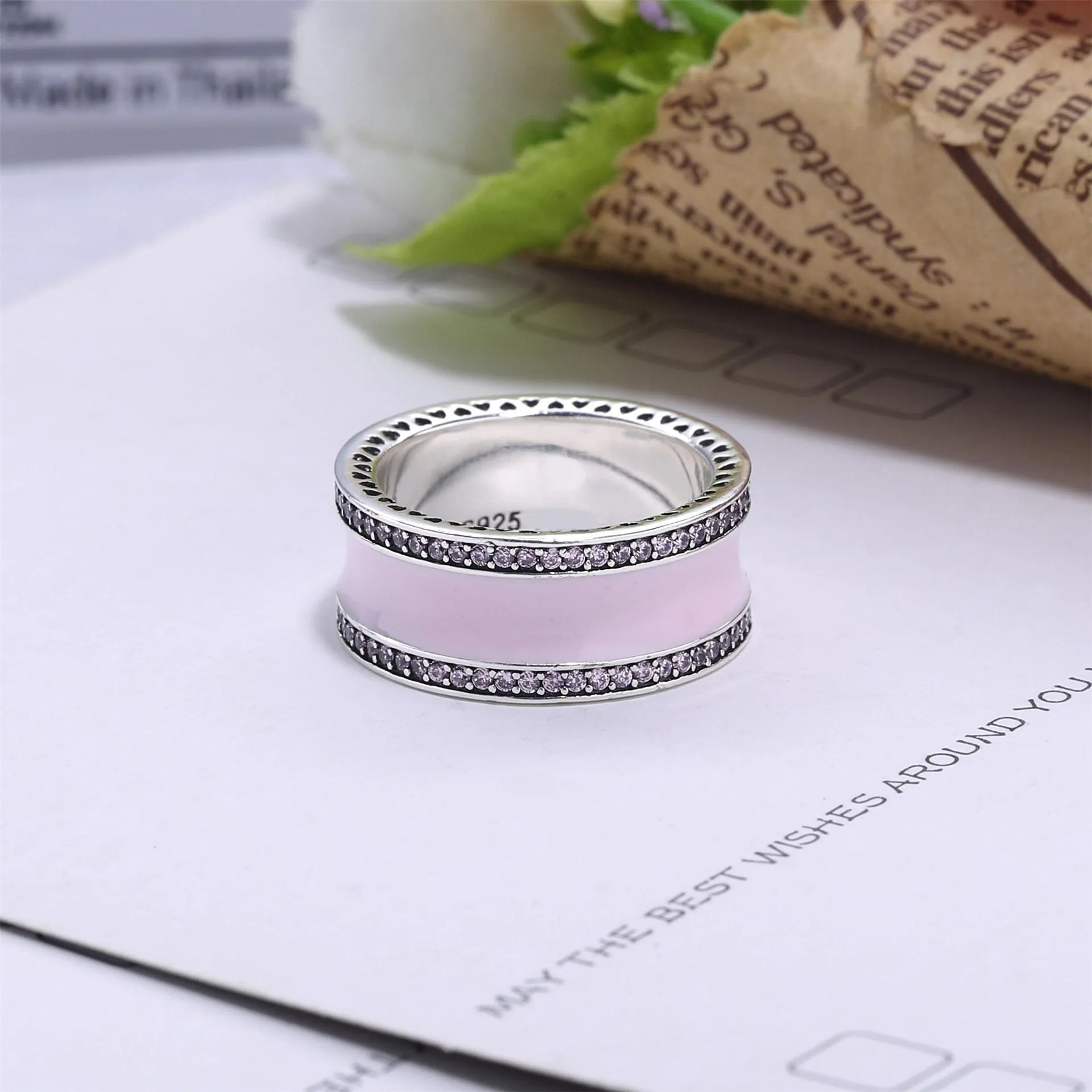 Pandora Silver ring with clear cubic zirconia and pink enamel - 191024EN40