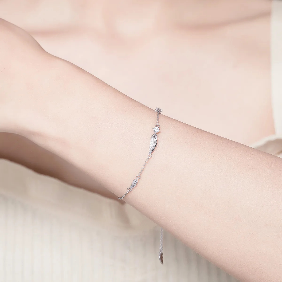 Pandora Style Silver Feather Chain Slider Armbånd - SCB133