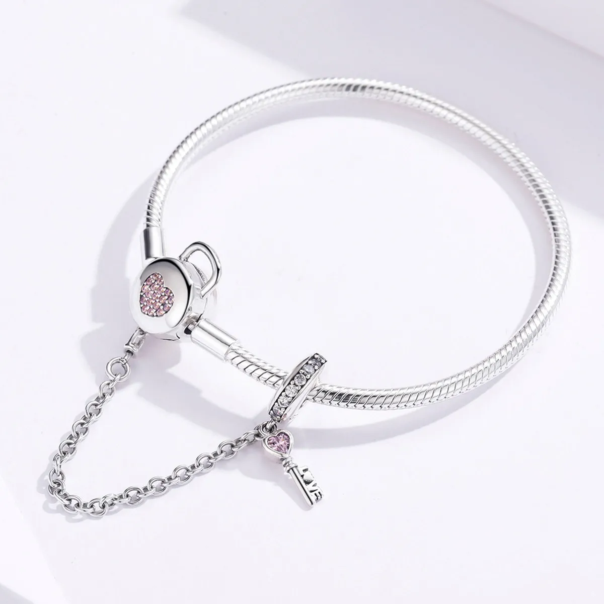 Pandora Style Silver Heartskey Slider Armbånd - SCB143