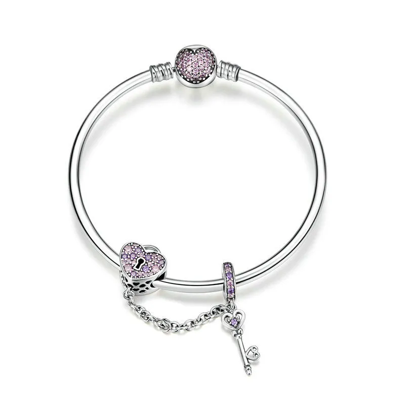 pandora style silver pink key og pave heart lock bangle scb820