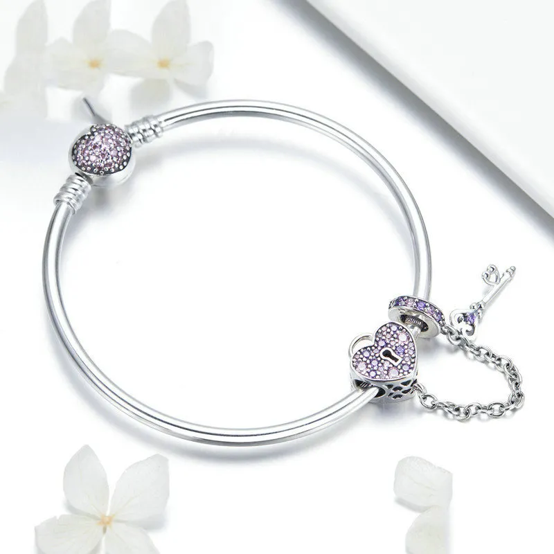 Pandora Style Silver Pink Key og Pave Heart Lock Bangle - SCB820