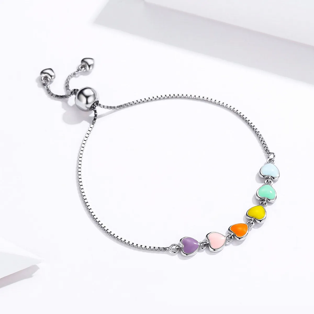 Pandora Style Silver Rainbow Hearts Chain Slider Armbånd - SCB158