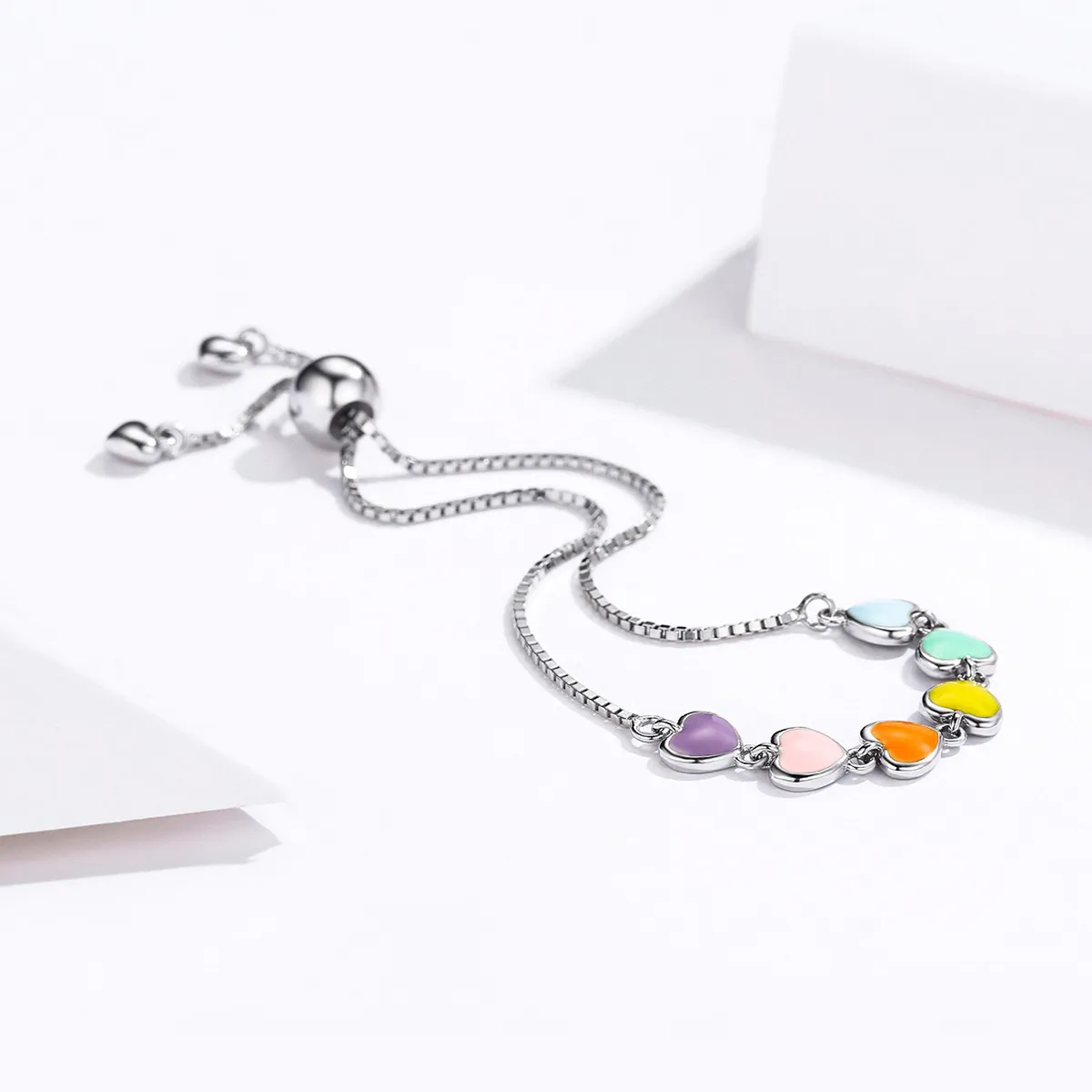 Pandora Style Silver Rainbow Hearts Chain Slider Armbånd - SCB158