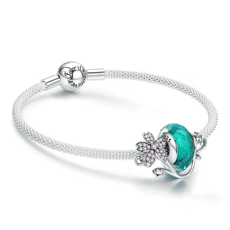 pandora style sølvgrønn glassperle og sakura mesh armbånd scb822