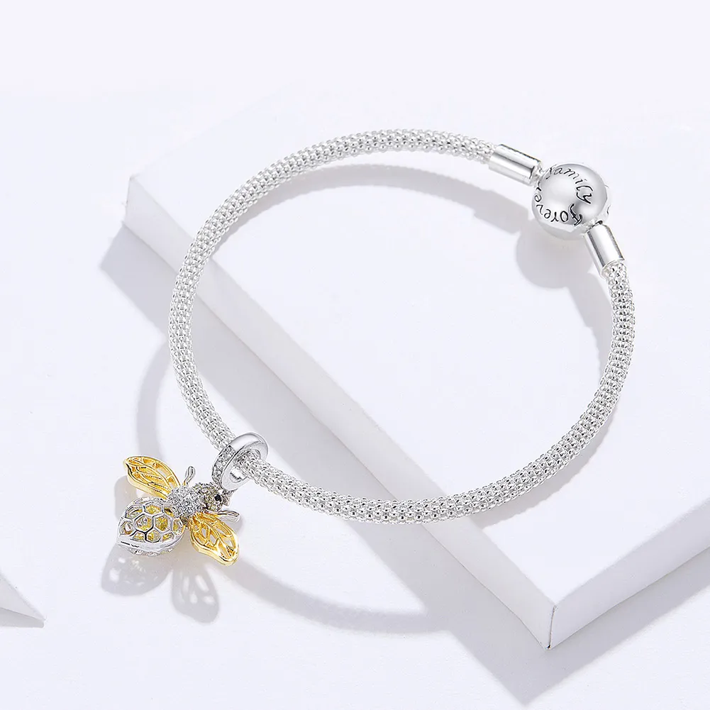 Pandora-stil sølv- og gullbelagt hardtarbeidende og nydelig bee mesh-armbånd - SCB830