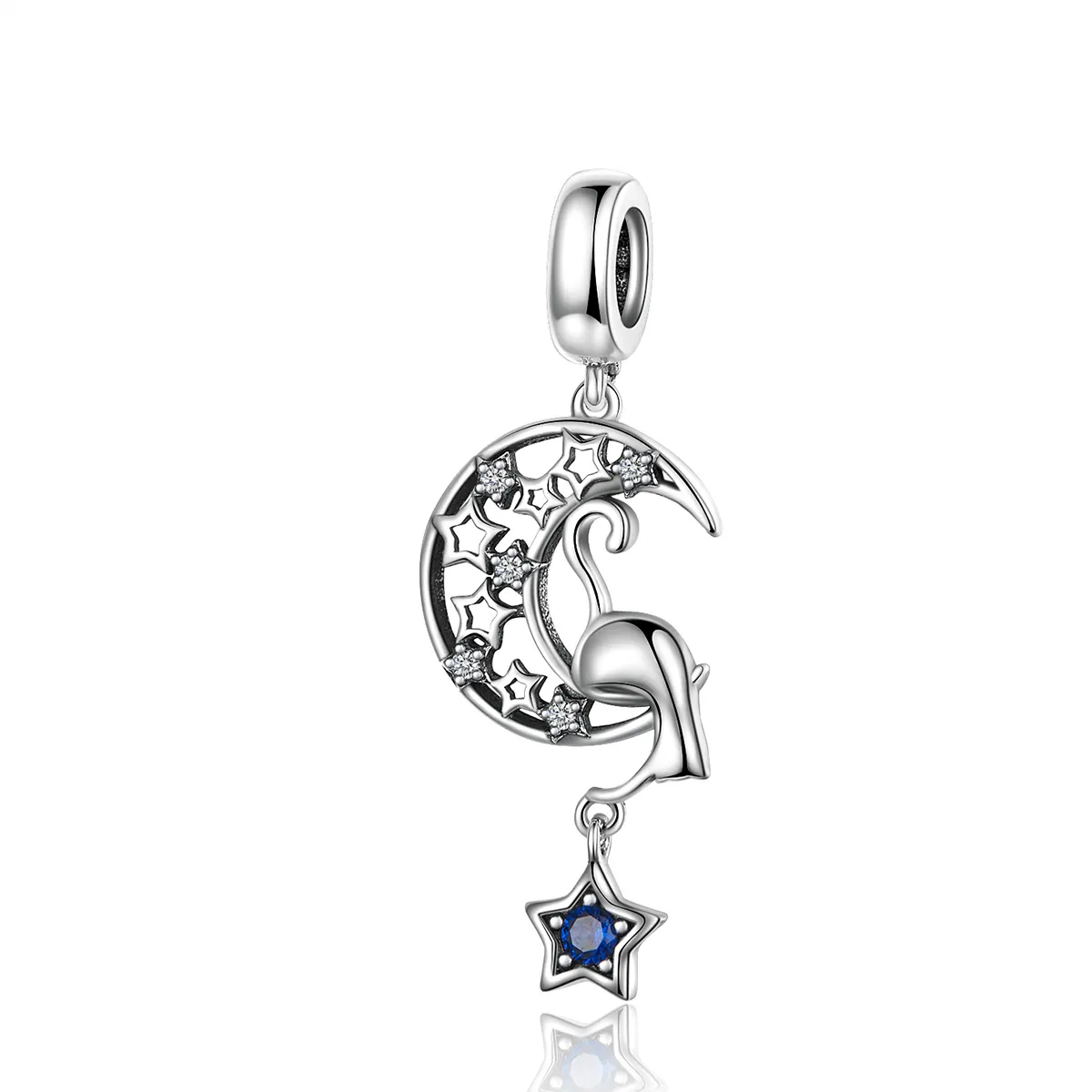 Pandora Style Silver Cat Play with Stars Dingle Charm - SCC1205