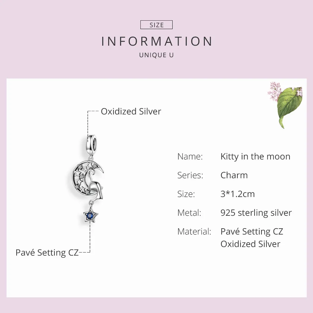 Pandora Style Silver Cat Play with Stars Dingle Charm - SCC1205