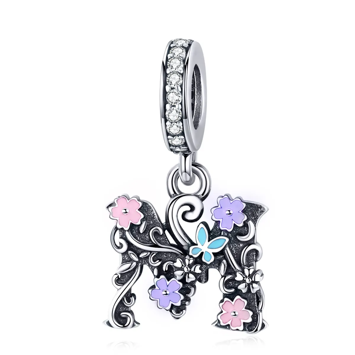 pandora style silver flower letter m dangle scc1274