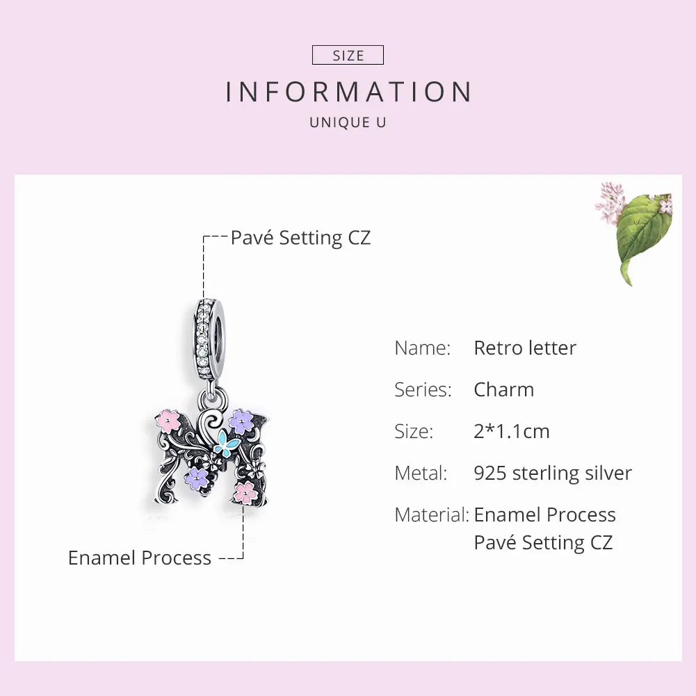 Pandora Style Silver Flower Letter M Dangle - SCC1274