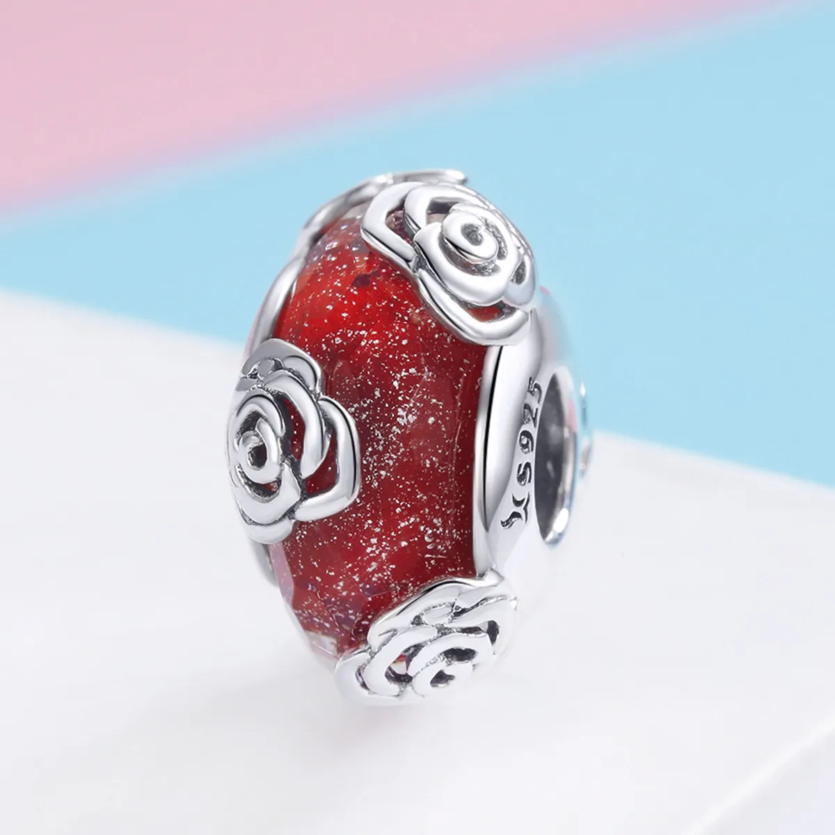 Pandora Style Sølv Duftende Rose Glass Murano Charm - SCC1030