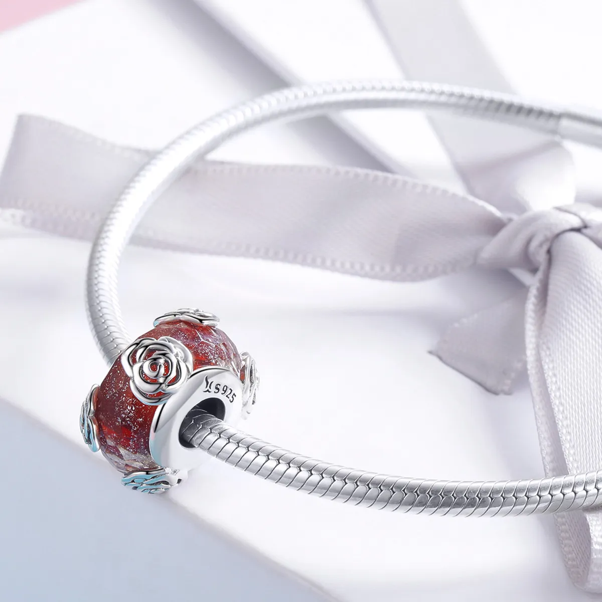 Pandora Style Sølv Duftende Rose Glass Murano Charm - SCC1030