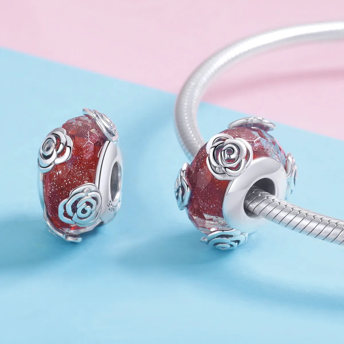 Pandora Style Sølv Duftende Rose Glass Murano Charm - SCC1030