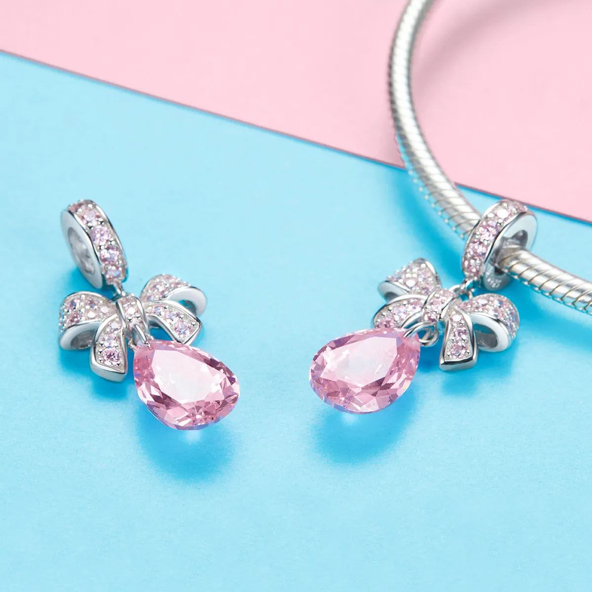 Pandora Style Sølv Rosa Sløyfe Dingle Charm - SCC1074