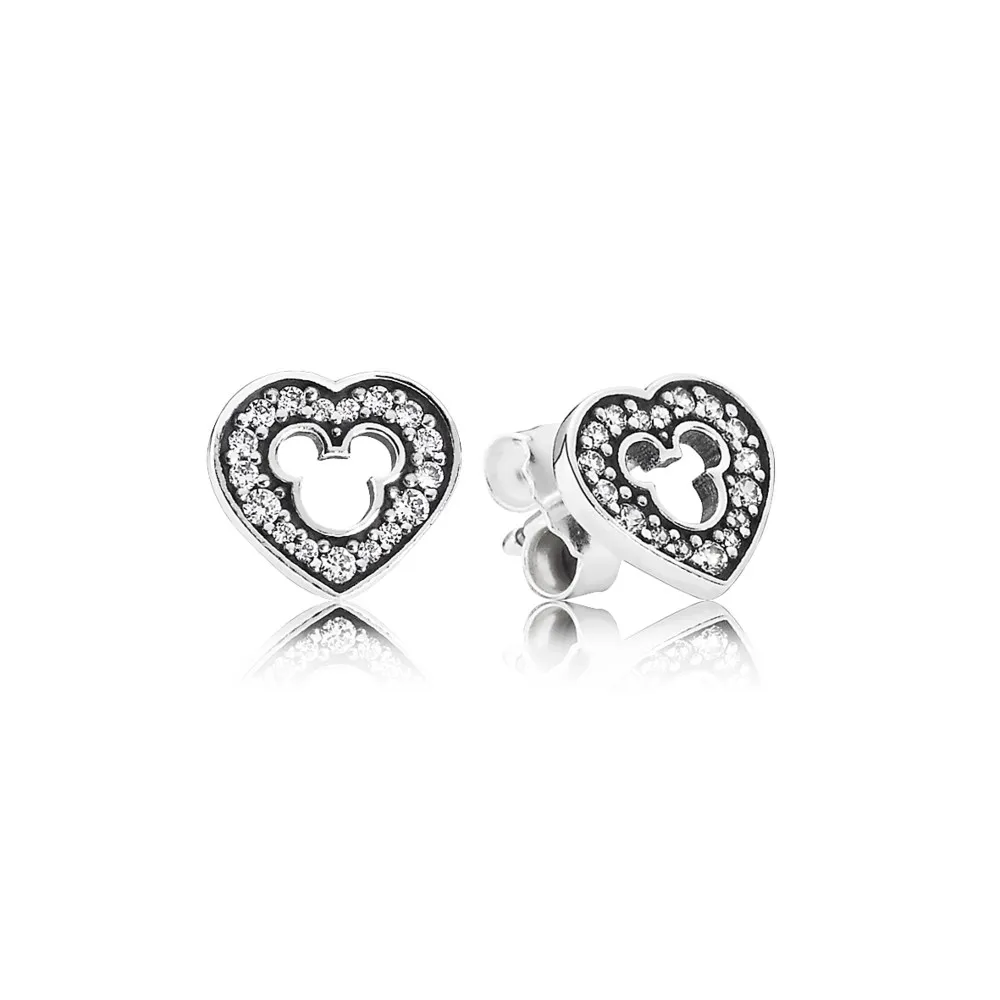 pandora disney heart silver stud earrings with cubic zirconia and cut out mickey silhouette 290579cz