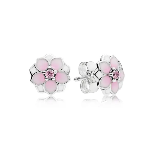 pandora magnolia silver stud earrings with pink cubic zirconia white and shaded pink enamel 290739pcz