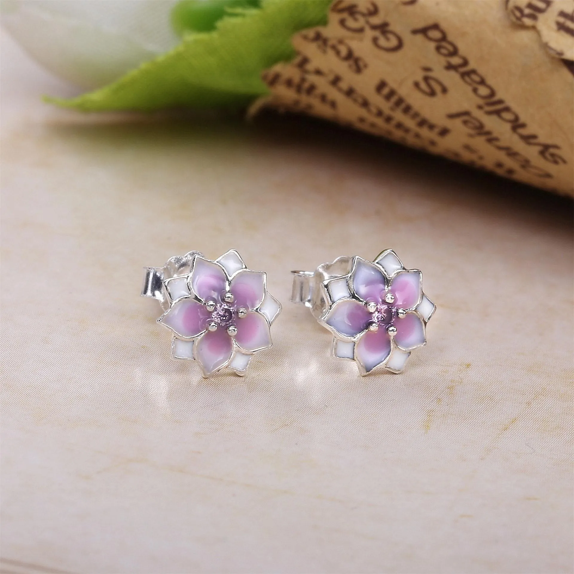 Pandora Magnolia silver stud earrings with pink cubic zirconia, white and shaded pink enamel - 290739PCZ