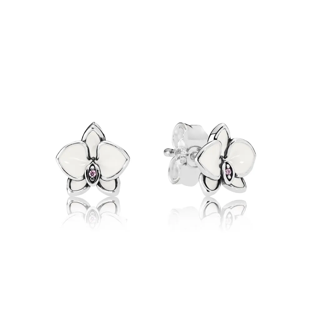 Pandora Orchid silver stud earrings with orchid cubic zirconia and white enamel - 290749EN12