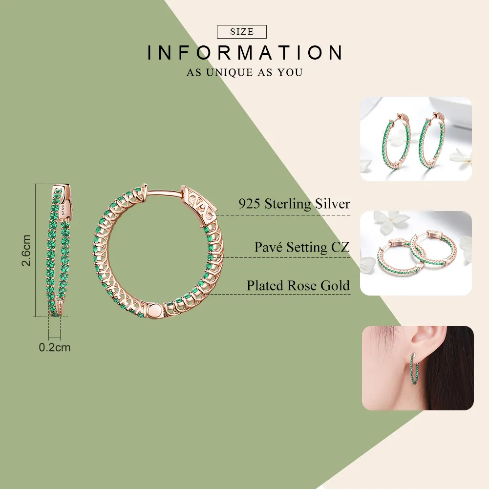 Pandora Style Rose Gold Green CZ Hoop øredobber - SCE511