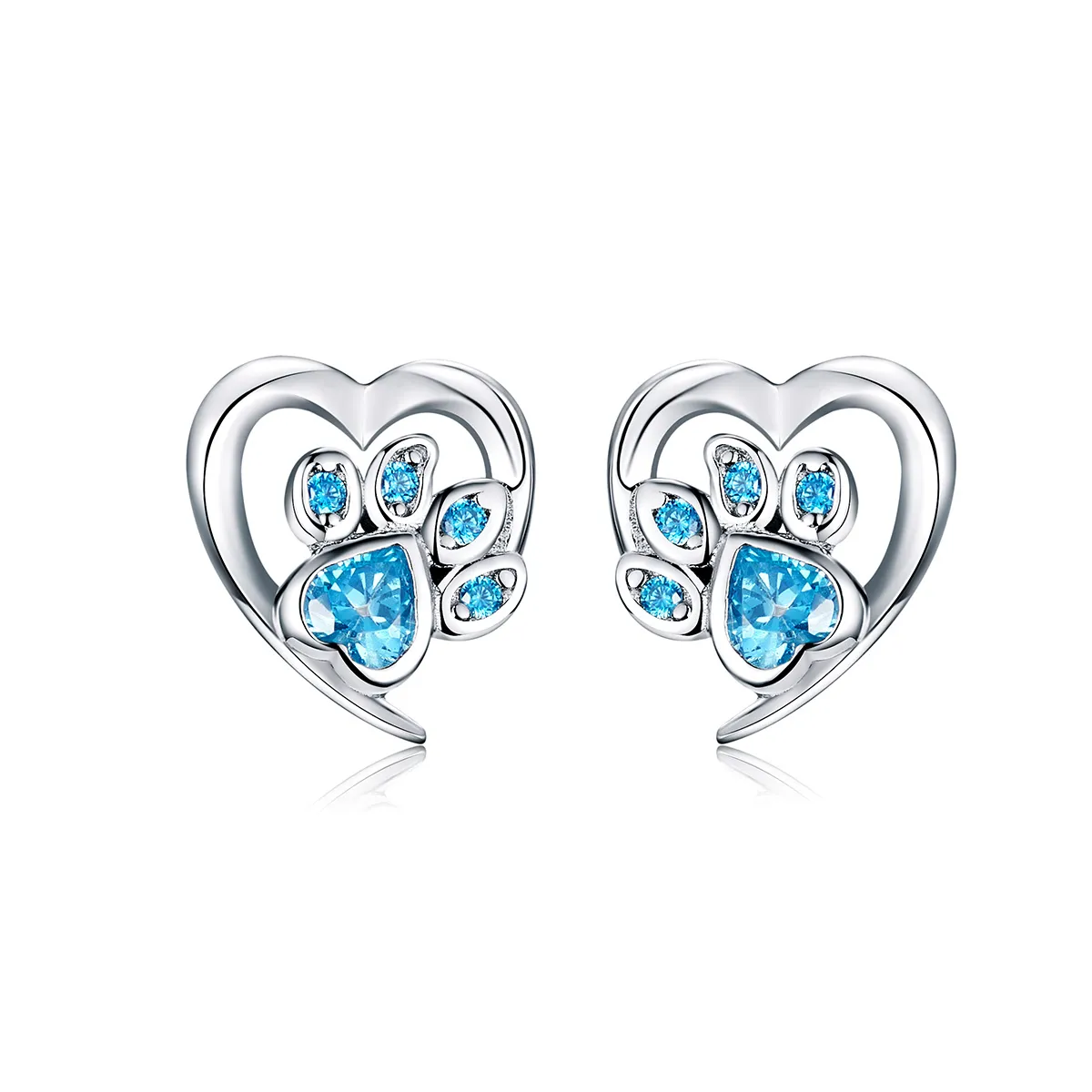 pandora style silver caring dog paw heart stud øredobber sce654