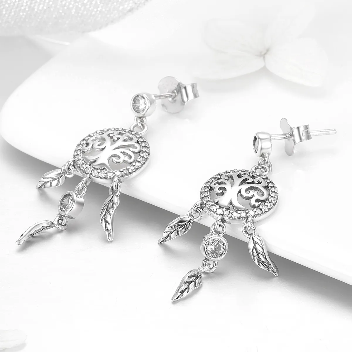 Pandora Style Silver Life Tree & Dream Catcher Hengende øredobber - SCE457