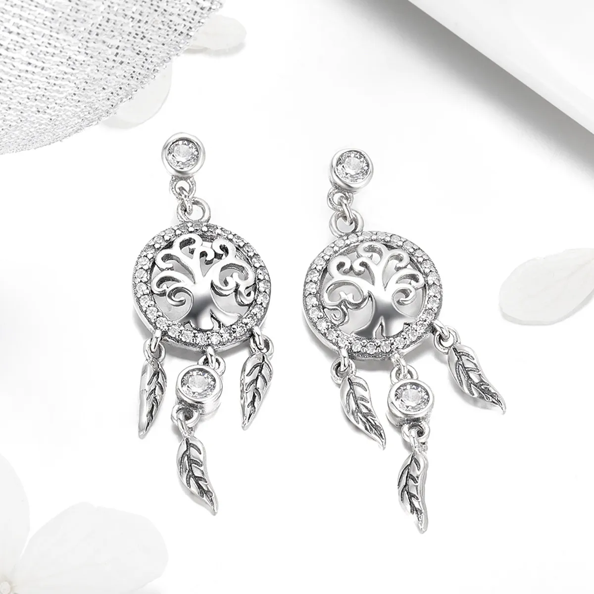 Pandora Style Silver Life Tree & Dream Catcher Hengende øredobber - SCE457