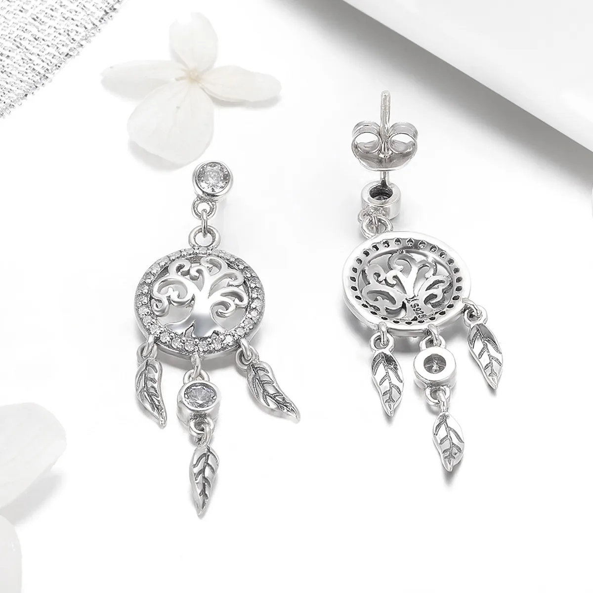 Pandora Style Silver Life Tree & Dream Catcher Hengende øredobber - SCE457