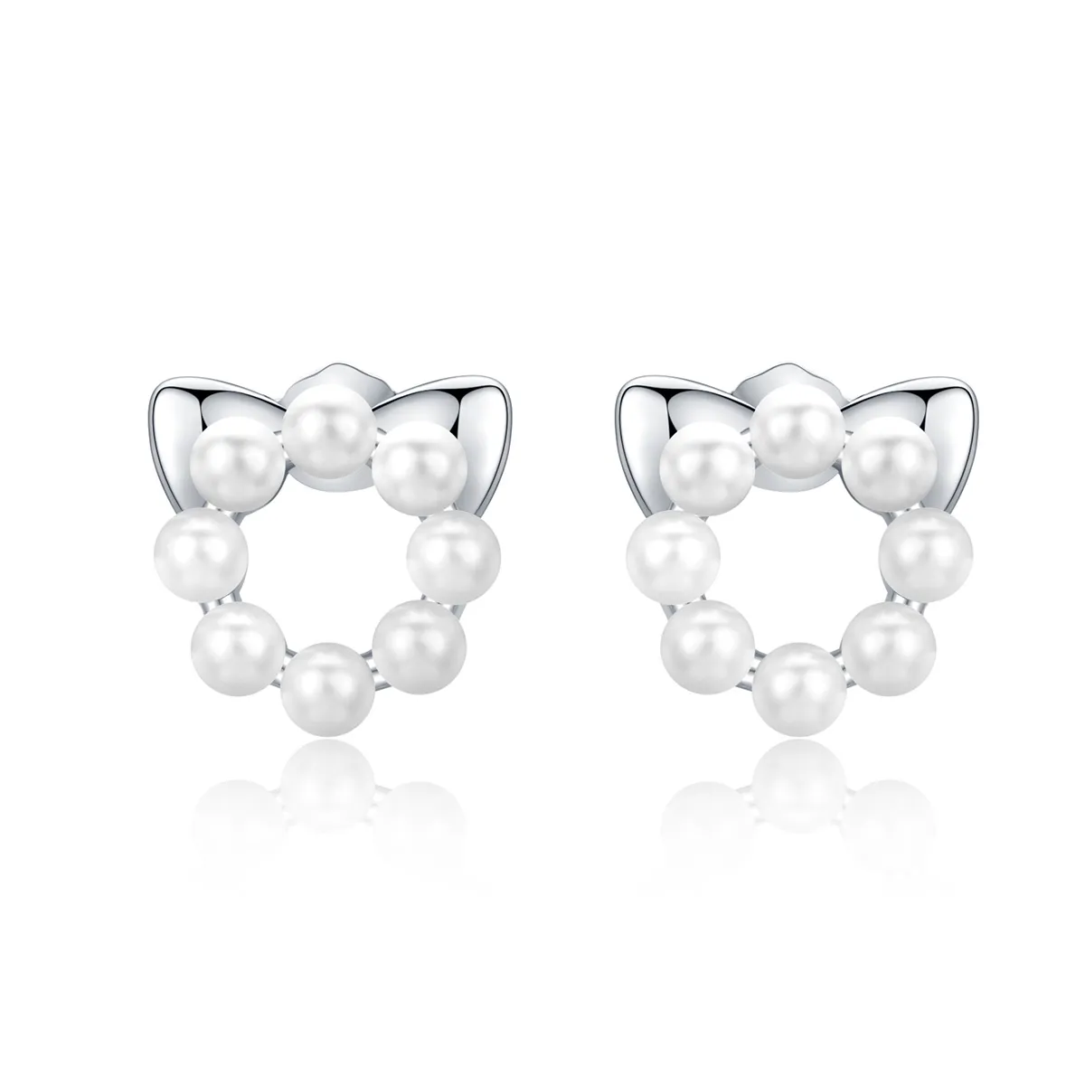 pandora style silver pearl cat stud øredobber sce688