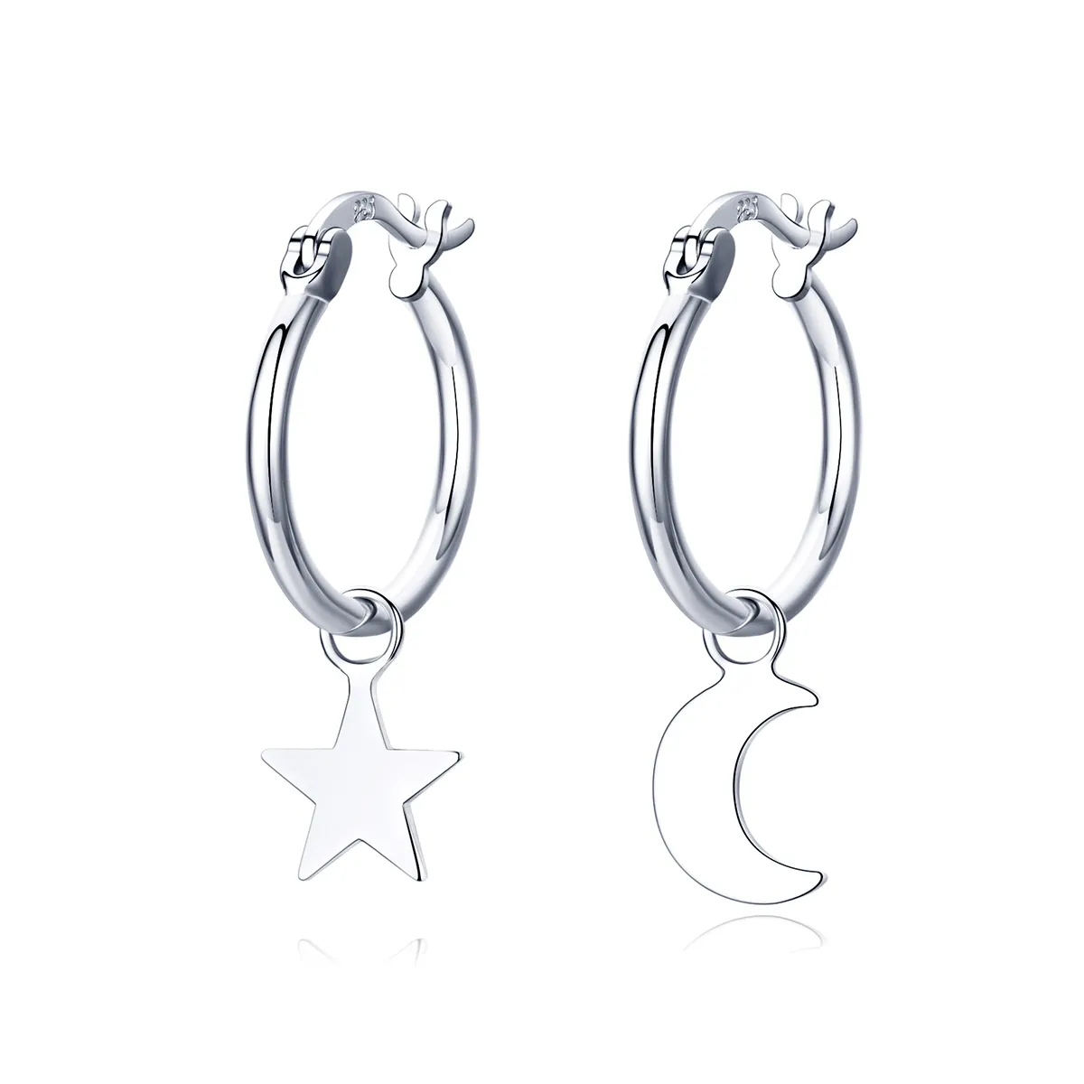 Pandora Style Silver Star and Moon Asymmetri Hanging Earrings - SCE681