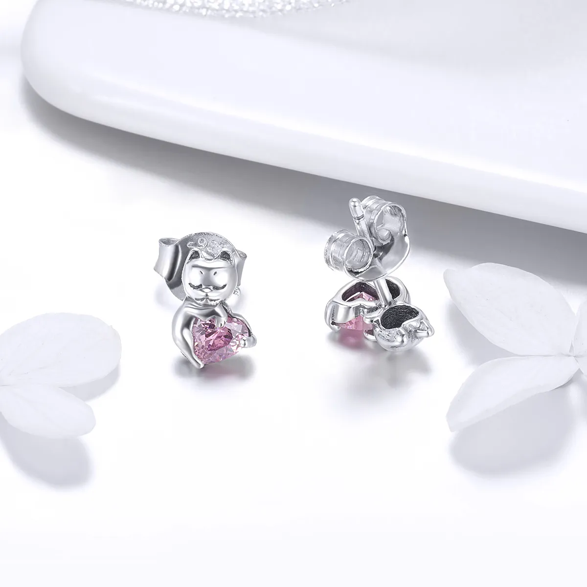 Pandora Style Silver Adorable Cat Stud Earrings - SCE453