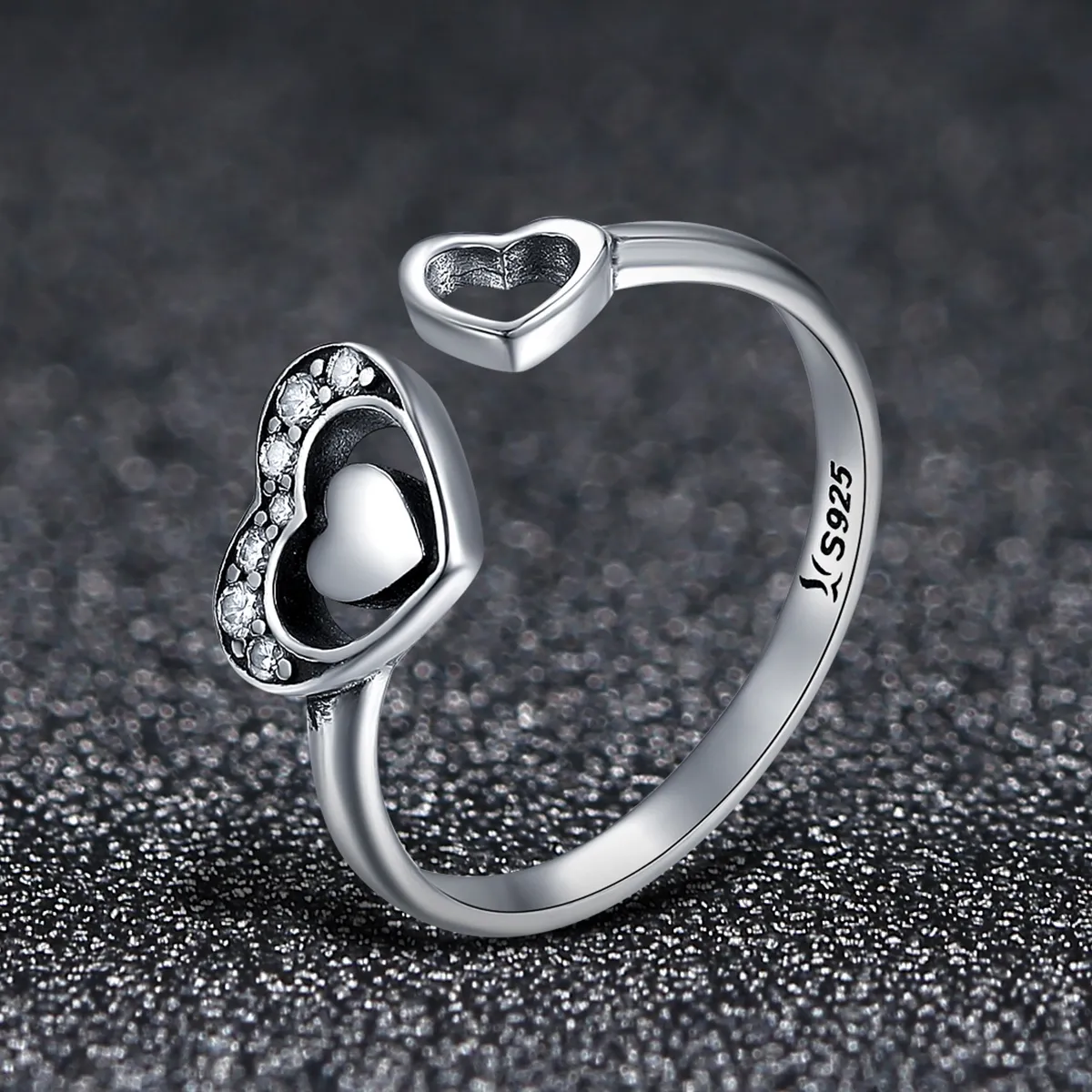 Pandora Style Silver Concomitant Two Hearts Ring - SCR168